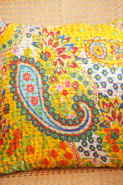 Handmade Yellow Paisley Kantha Cushion Cover