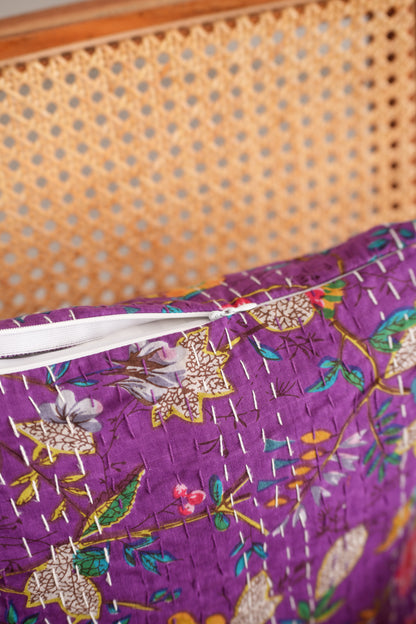 Hand Crafted Cotton Purple Floral Kantha Cushio Cover