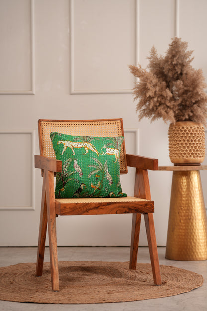 Cheetah Safari Kantha Cushion Cover - Green