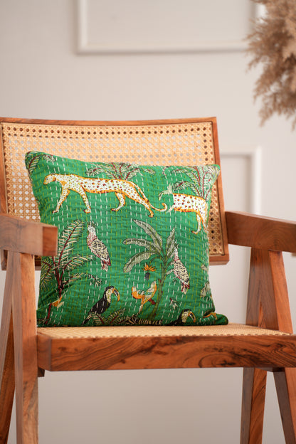 Cheetah Safari Kantha Cushion Cover - Green