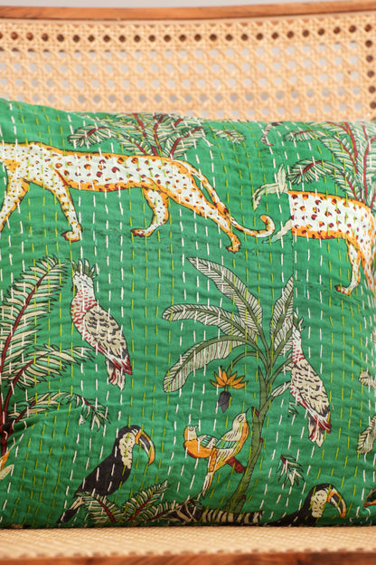 Cheetah Safari Kantha Cushion Cover - Green