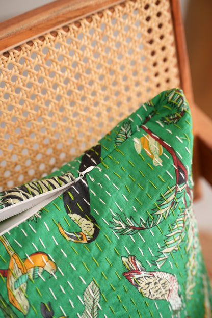 Cheetah Safari Kantha Cushion Cover - Green
