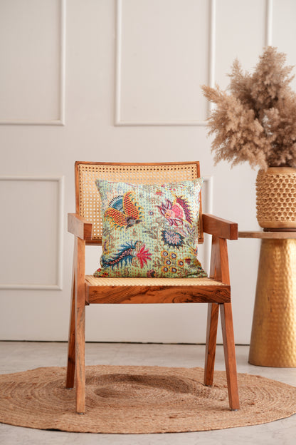 Green Wildflower Kantha Cushion Cover