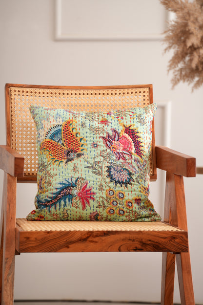 Green Wildflower Kantha Cushion Cover