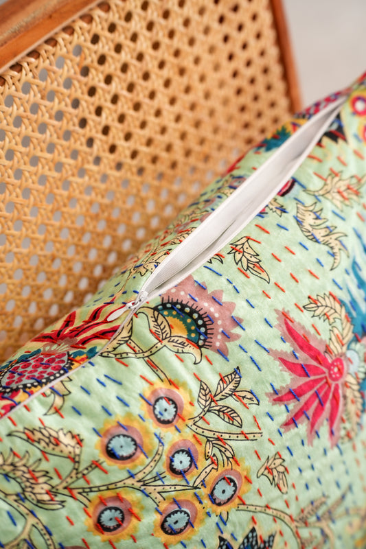 Green Wildflower Kantha Cushion Cover