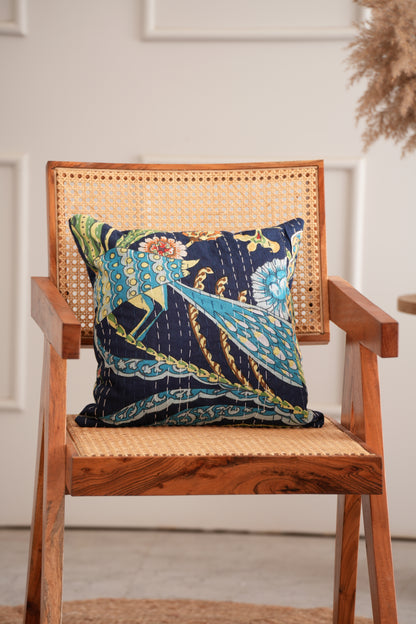Indian Printed Cotton Peacock Kantha Cushion Cover