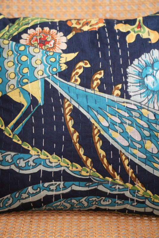 Indian Printed Cotton Peacock Kantha Cushion Cover