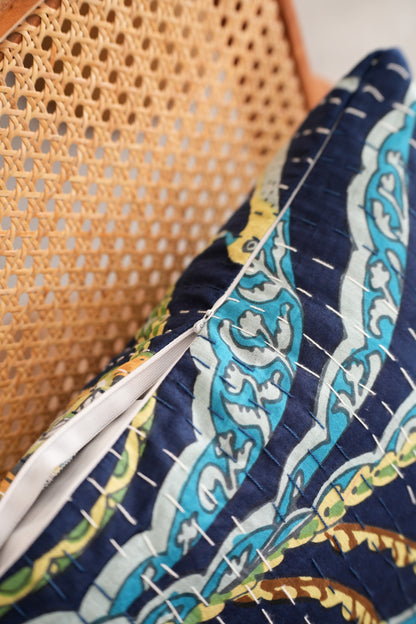 Indian Printed Cotton Peacock Kantha Cushion Cover