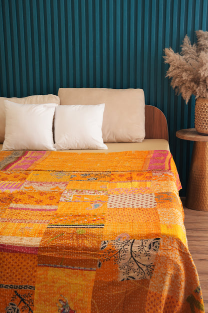 Hand Stitched Vintage Patchwork Kantha Quilt - Yellow