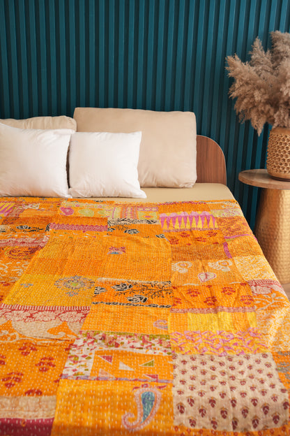 Hand Stitched Vintage Patchwork Kantha Quilt - Yellow