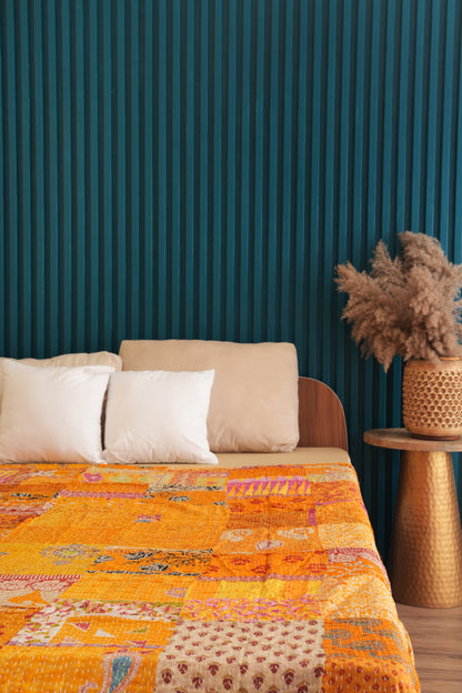 Hand Stitched Vintage Patchwork Kantha Quilt - Yellow