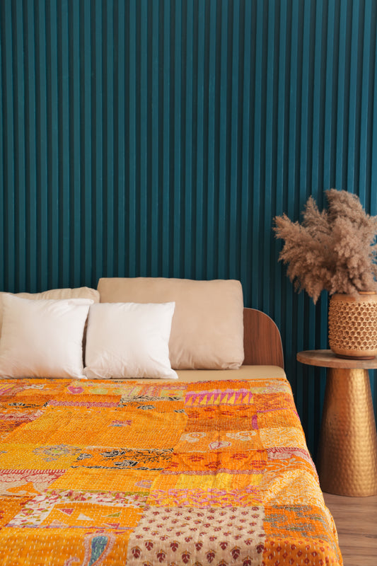 Hand Stitched Vintage Patchwork Kantha Quilt - Yellow