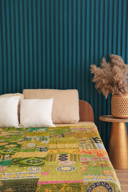 Patchwork Bedding Throw Kantha Quilt - Green
