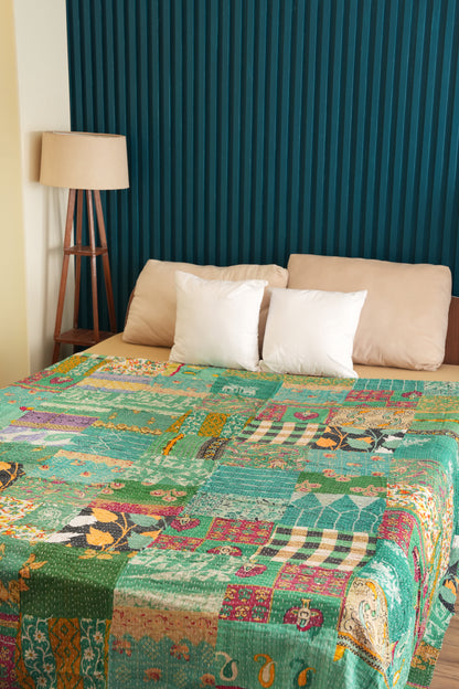 Green Patchwork Handmade Indian Kantha Quilt