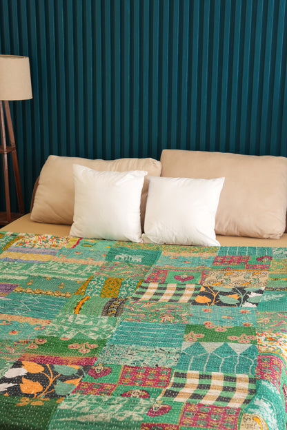 Green Patchwork Handmade Indian Kantha Quilt