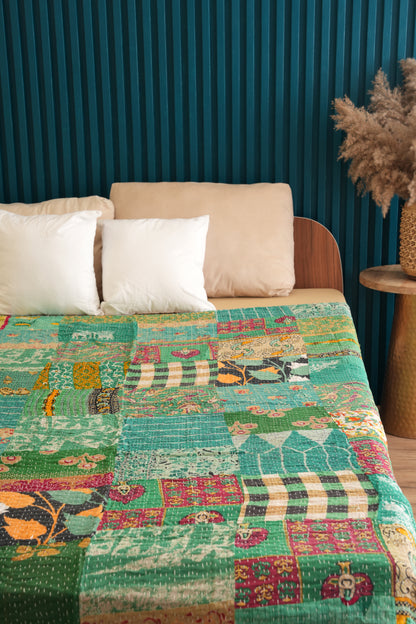 Green Patchwork Handmade Indian Kantha Quilt