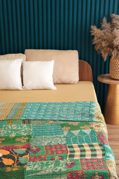 Green Patchwork Handmade Indian Kantha Quilt