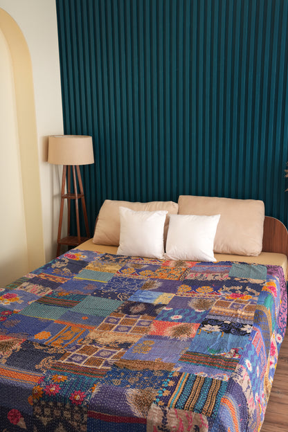 Beautiful Blue Patchwork Kantha Bedspread