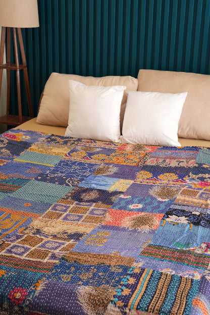 Beautiful Blue Patchwork Kantha Bedspread