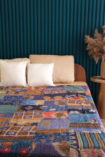 Beautiful Blue Patchwork Kantha Bedspread