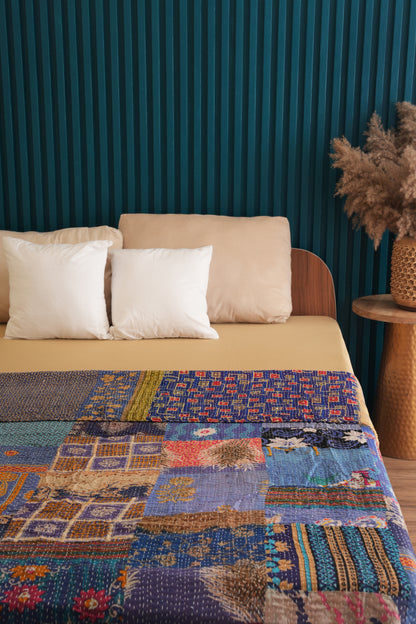 Beautiful Blue Patchwork Kantha Bedspread