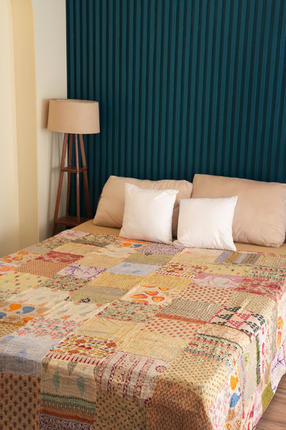 Upcycled Boho Kantha Bedspread - Beige