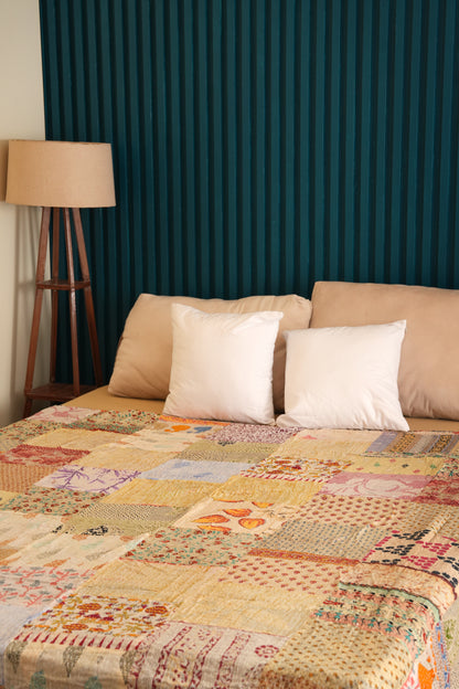 Upcycled Boho Kantha Bedspread - Beige
