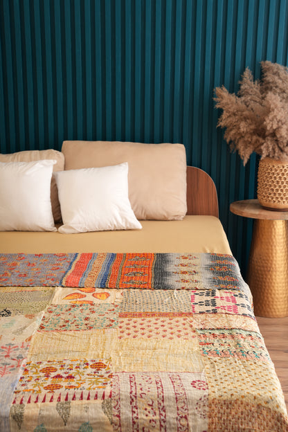 Upcycled Boho Kantha Bedspread - Beige