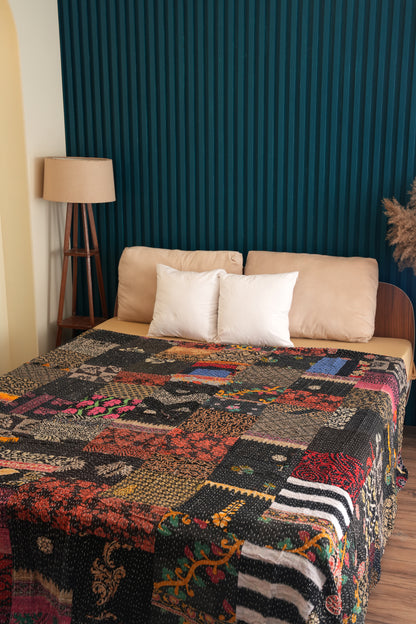 Black Patchwork Bohemian Kantha Quilt Handmade
