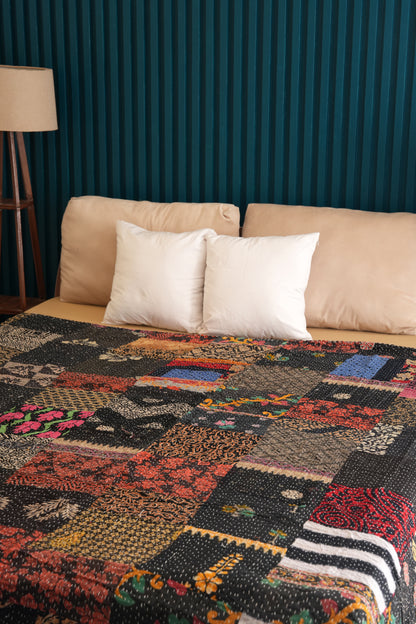 Black Patchwork Bohemian Kantha Quilt Handmade