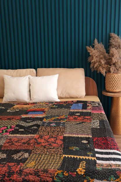 Black Patchwork Bohemian Kantha Quilt Handmade