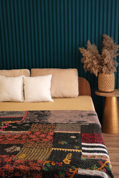 Black Patchwork Bohemian Kantha Quilt Handmade