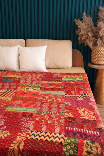 Patchwork Kantha Quilt - Red