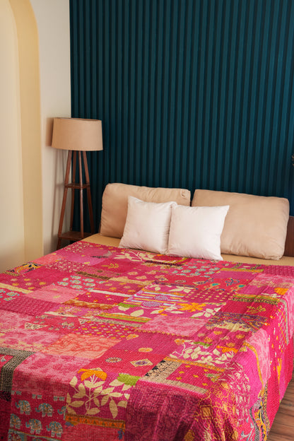 Pink Patchwork Cotton Kantha Bedspread