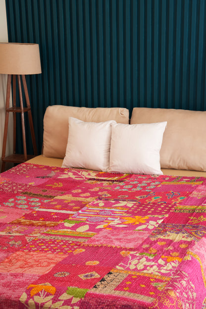 Pink Patchwork Cotton Kantha Bedspread
