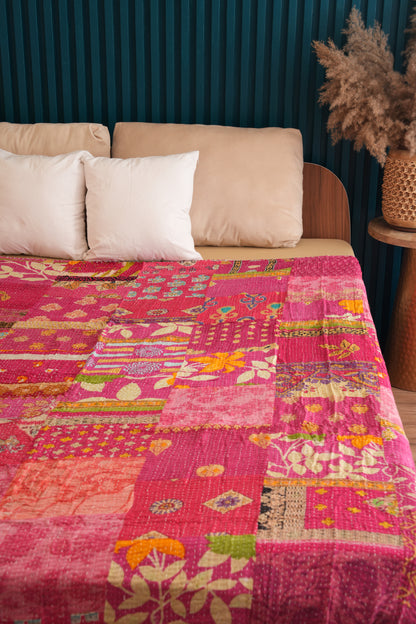 Pink Patchwork Cotton Kantha Bedspread