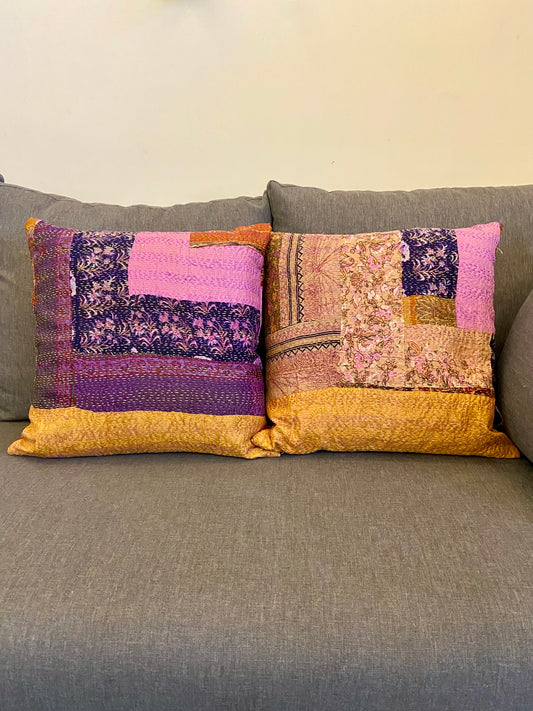2 PC's Handmade Vintage Silk Assorted Patchwork Kantha Pillowcases