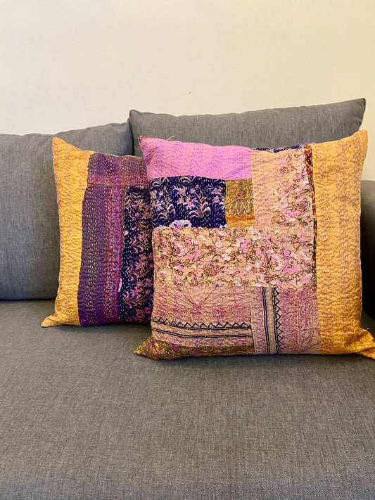 2 PC's Handmade Vintage Silk Assorted Patchwork Kantha Pillowcases