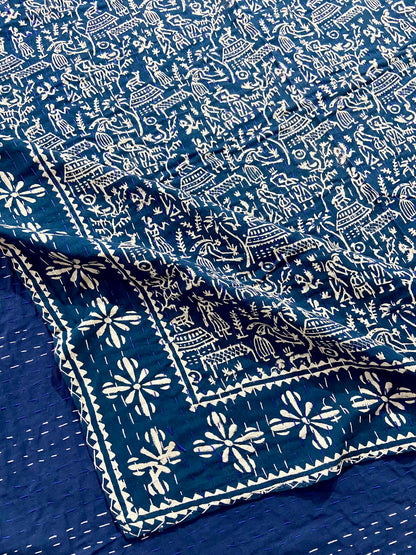Hand Block Printed Indigo Queen Kantha Quilt