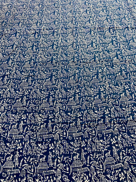 Hand Block Printed Indigo Queen Kantha Quilt