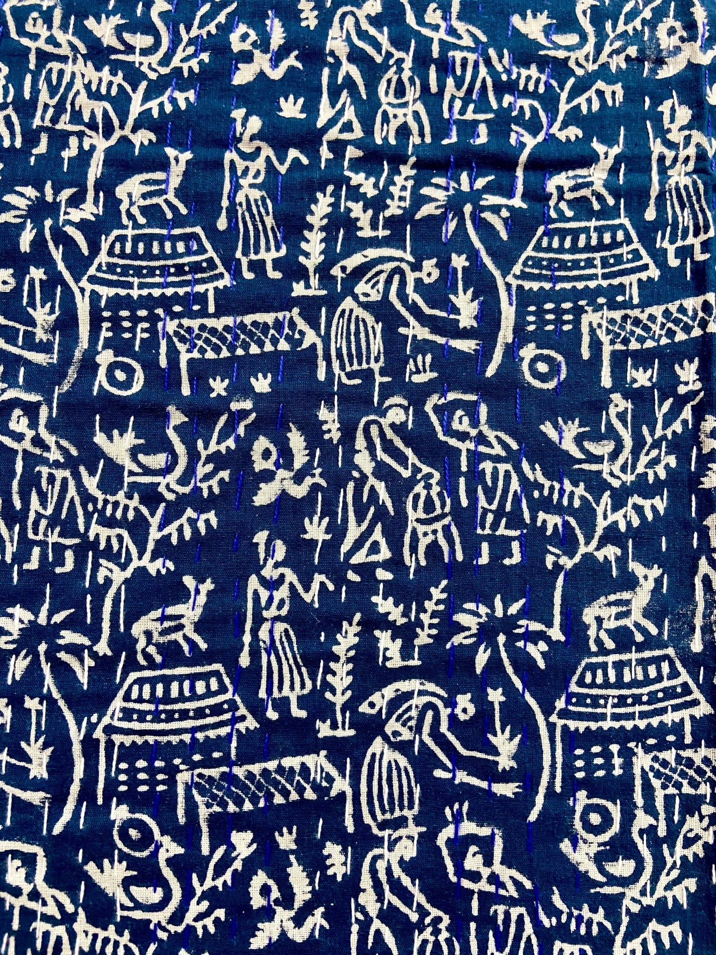 Hand Block Printed Indigo Queen Kantha Quilt