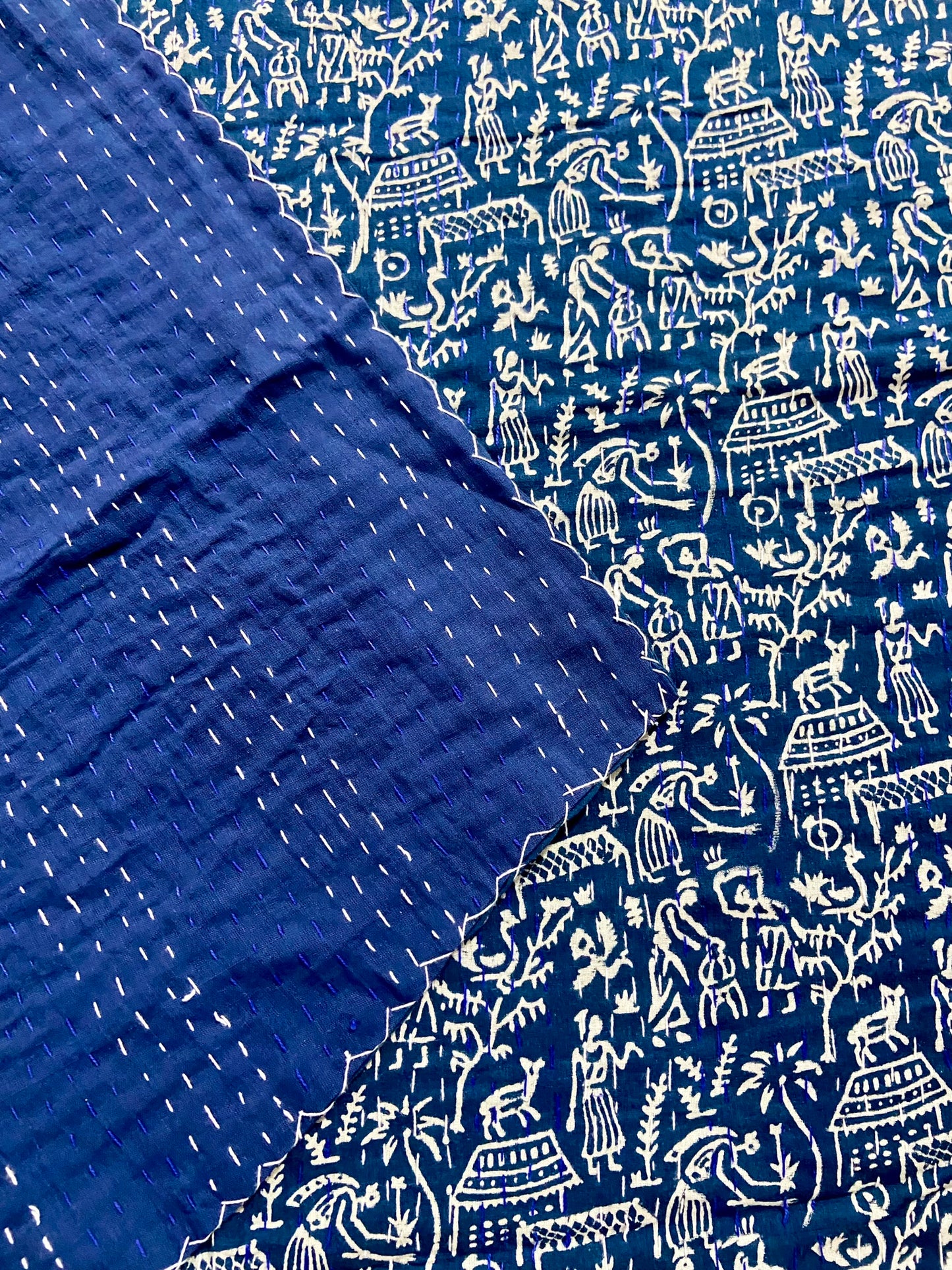 Hand Block Printed Indigo Queen Kantha Quilt