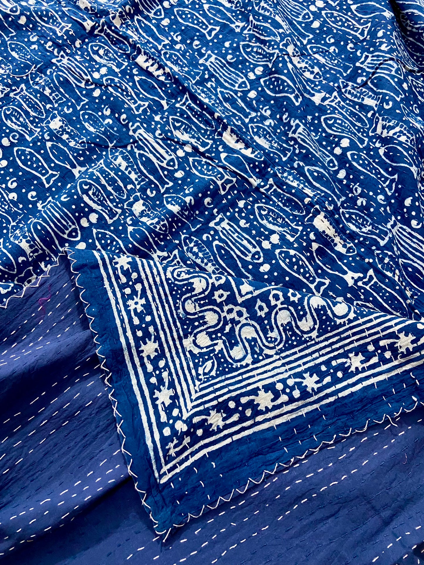 Queen Kantha Quilt Indigo Fish Prints