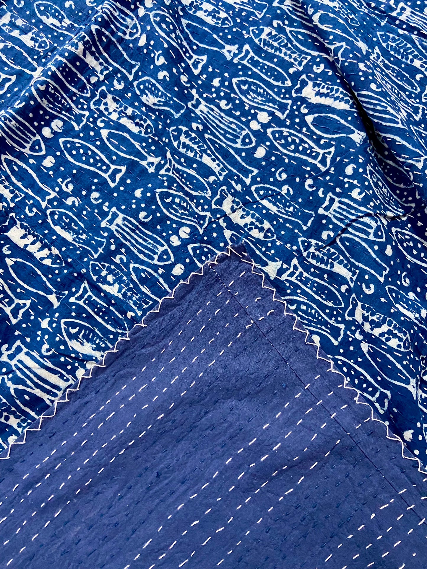 Queen Kantha Quilt Indigo Fish Prints