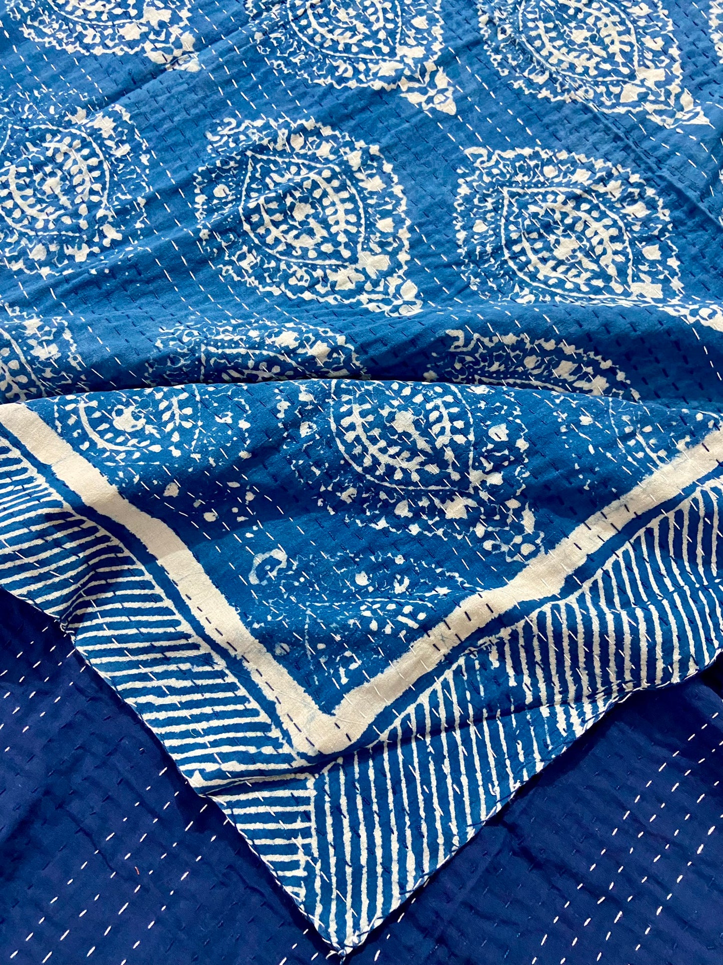 Handmade Cotton Block Printed Indian Queen Kantha Bedspread