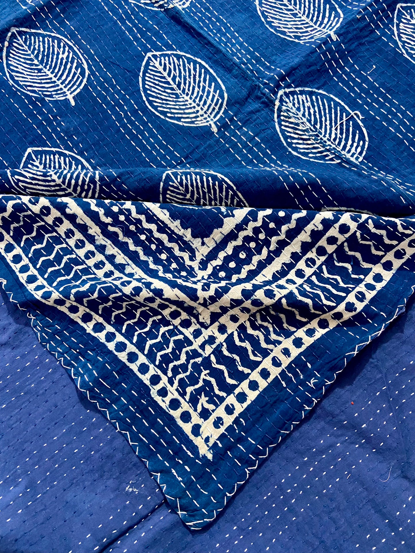 The Leaf Indigo Cotton Queen Kantha Quilt