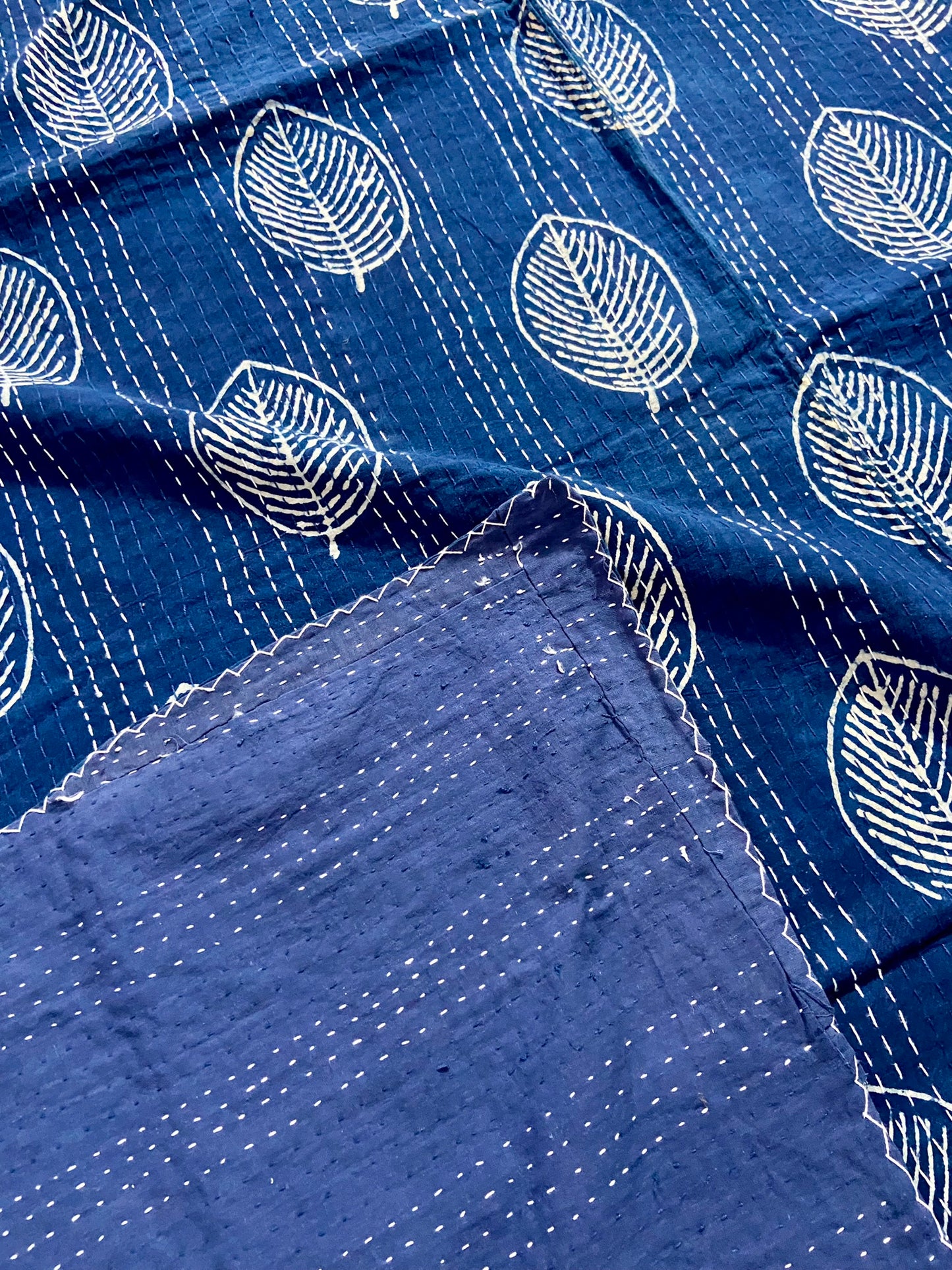 The Leaf Indigo Cotton Queen Kantha Quilt