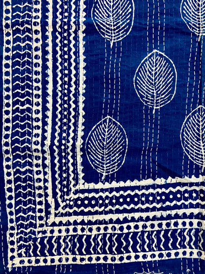 The Leaf Indigo Cotton Queen Kantha Quilt