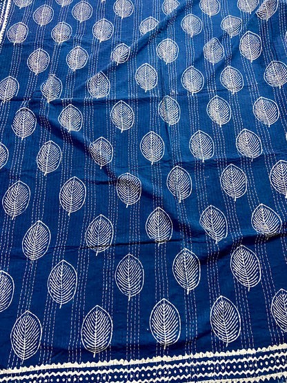 The Leaf Indigo Cotton Queen Kantha Quilt