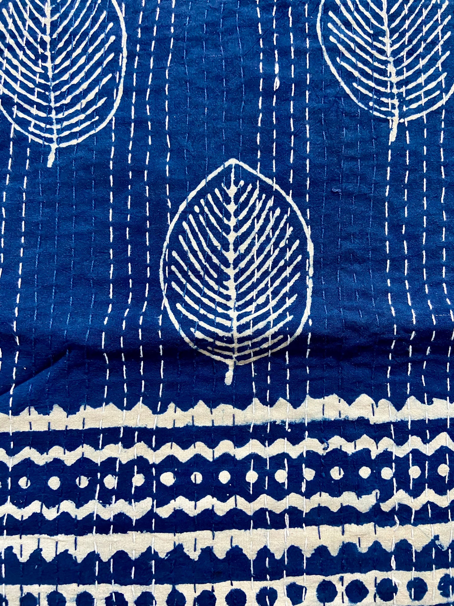 The Leaf Indigo Cotton Queen Kantha Quilt